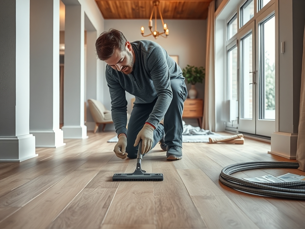 Realistische close-up van een professional die laminaat repareren in een lichte, moderne Nederlandse woonkamer met een focus op de vloerstructuur en details van het laminaat.
