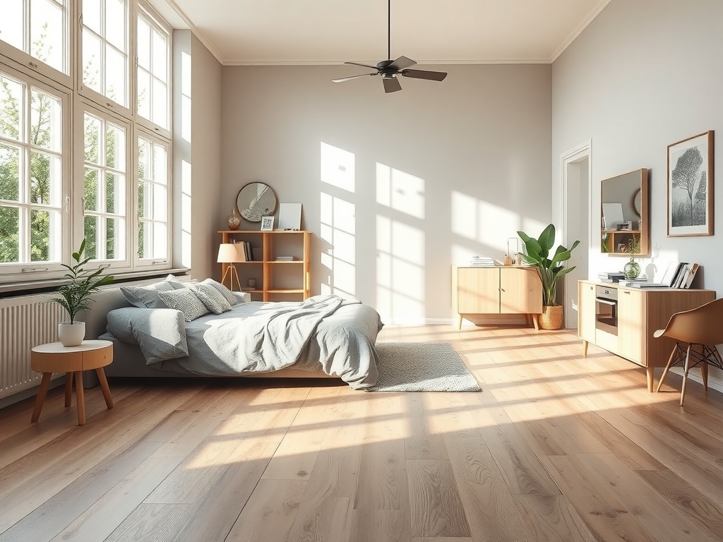 Moderne woonkamer met een licht eiken laminaatvloer en grote ramen die daglicht binnenlaten, in rustige neutrale kleurtonen.