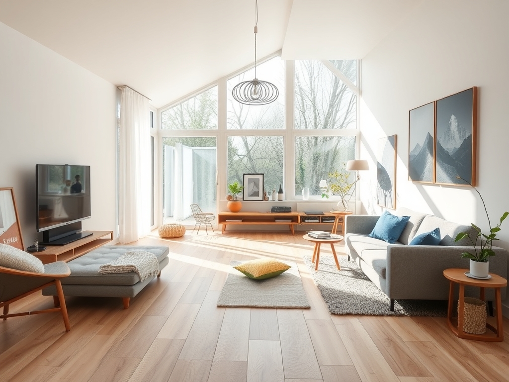 Laminaatplanken acclimatiseren in een moderne woonkamer met veel daglicht en een luchtige uitstraling.