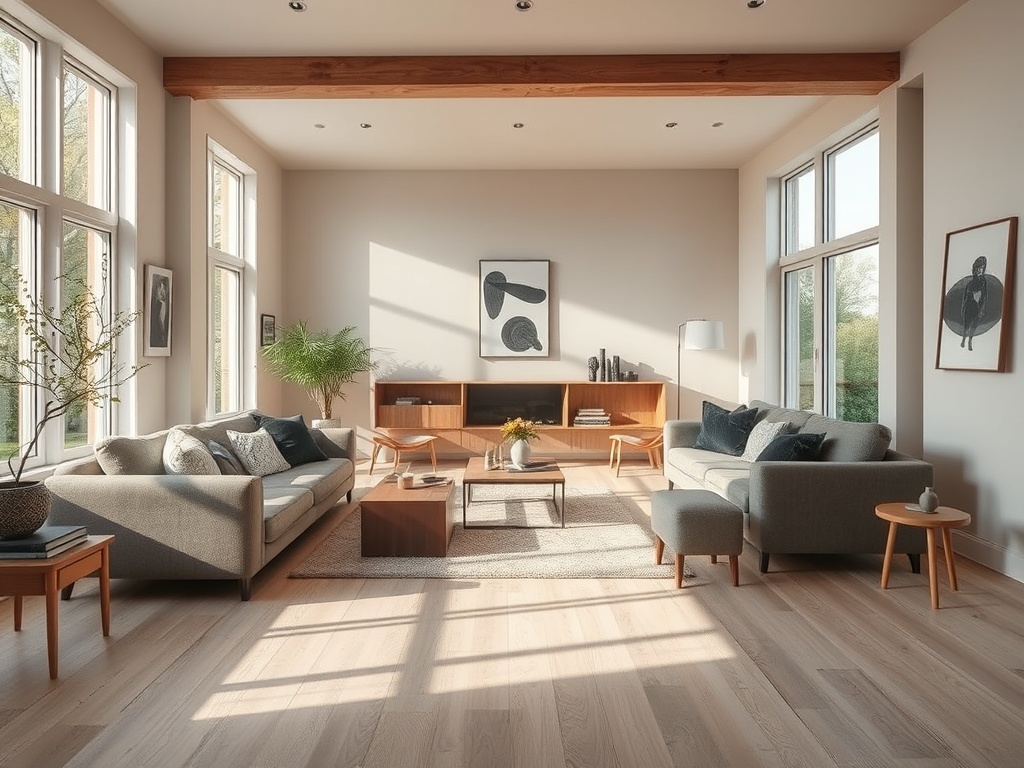 Moderne woonkamer met laminaatvloer in lichte eiken kleur, grote ramen die veel daglicht binnenlaten, en een rustige, ontspannen sfeer.