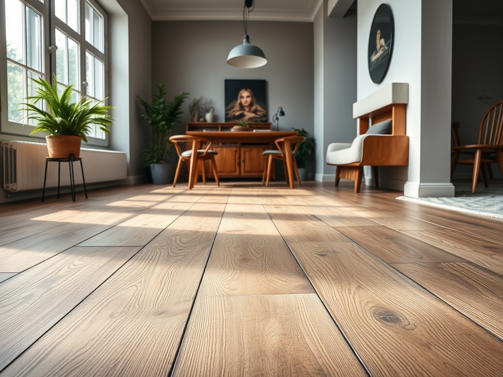 Close-up van beschadigde laminaatplanken met krassen en deuken in een moderne Nederlandse woning, belicht door grote ramen in rustige kleurtonen.