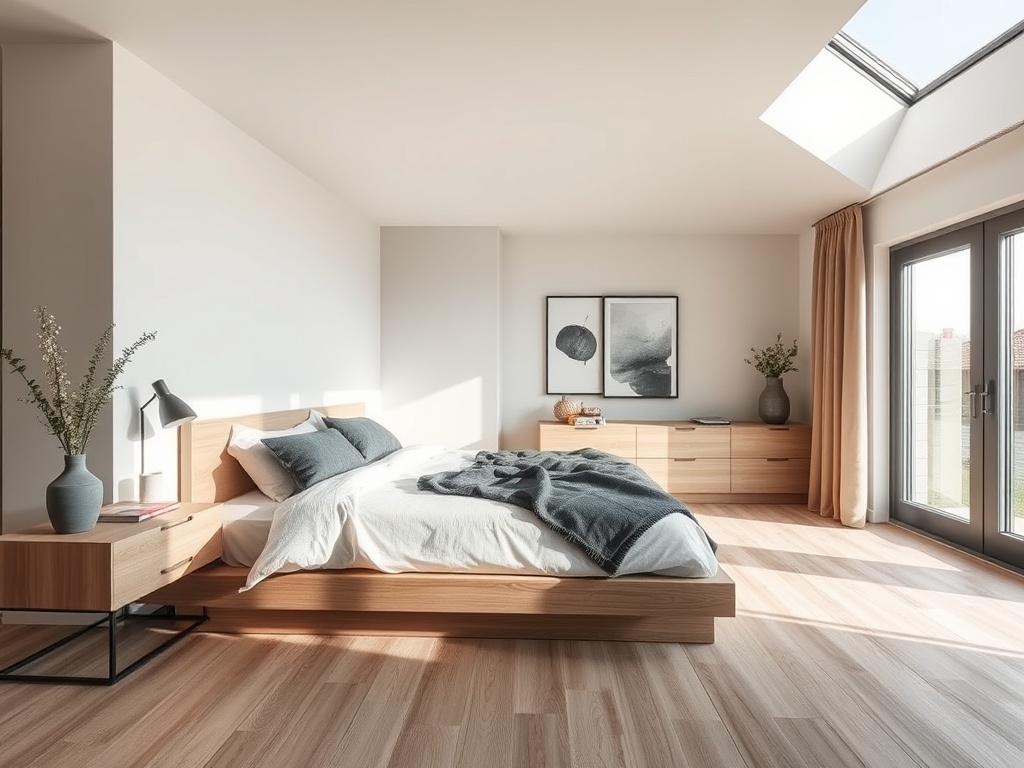 Moderne slaapkamer met licht eiken laminaatvloer, grote ramen en neutrale kleuren, accentueert de voordelen van breed laminaat.