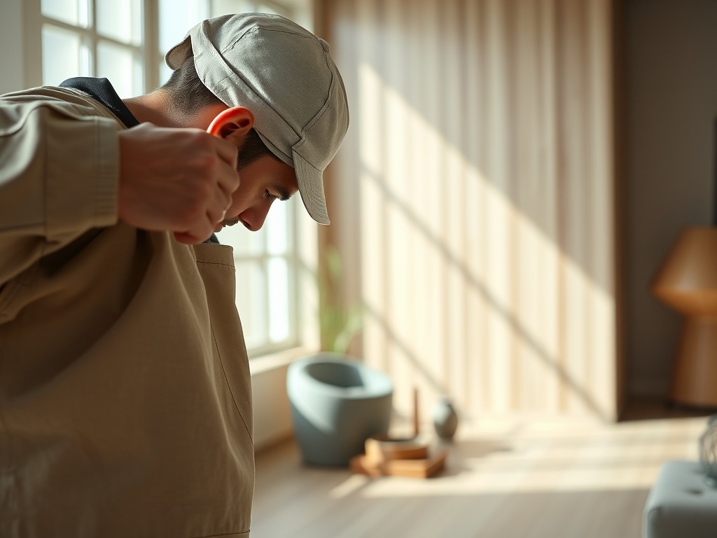 Close-up van een vakman die laminaat zaagt in een moderne woonkamer met veel daglicht en rustige kleurtonen.