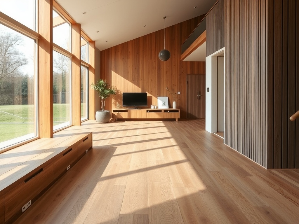 Laminaat komt omhoog in een moderne Nederlandse woonkamer met veel daglicht, waarbij de natuurlijke houtstructuur en rustige kleurtonen de strakke afwerking accentueren.