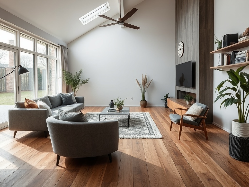 Illustratie van een moderne Nederlandse woonkamer waar laminaatvloer wordt gelegd, met strakke plinten en overvloedig daglicht.