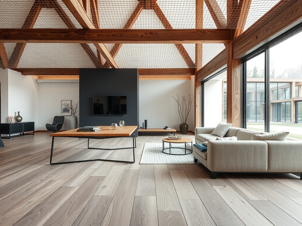 Detail van een moderne ondervloer voor laminaat in een lichte, eigentijdse woonruimte met een rustieke uitstraling.
