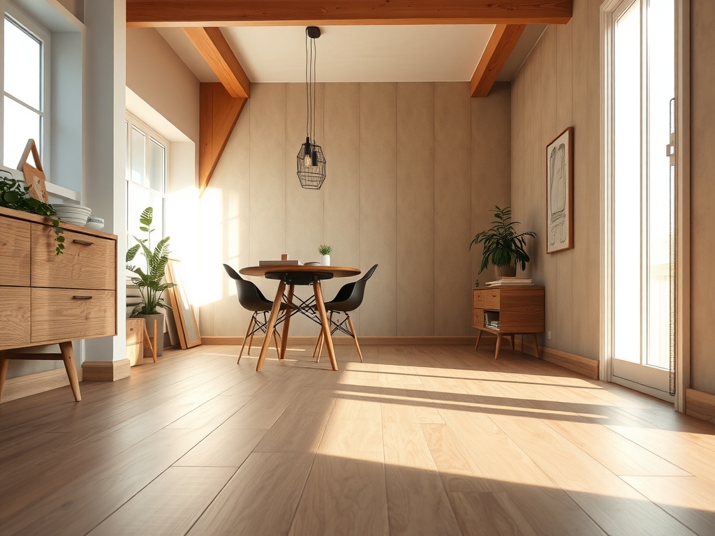 Close-up van een perfect geëgaliseerde vloer in een moderne woning met licht eiken laminaat en strakke plinten, die de nadruk legt op de vloerstructuur en het frisse, praktische interieur.