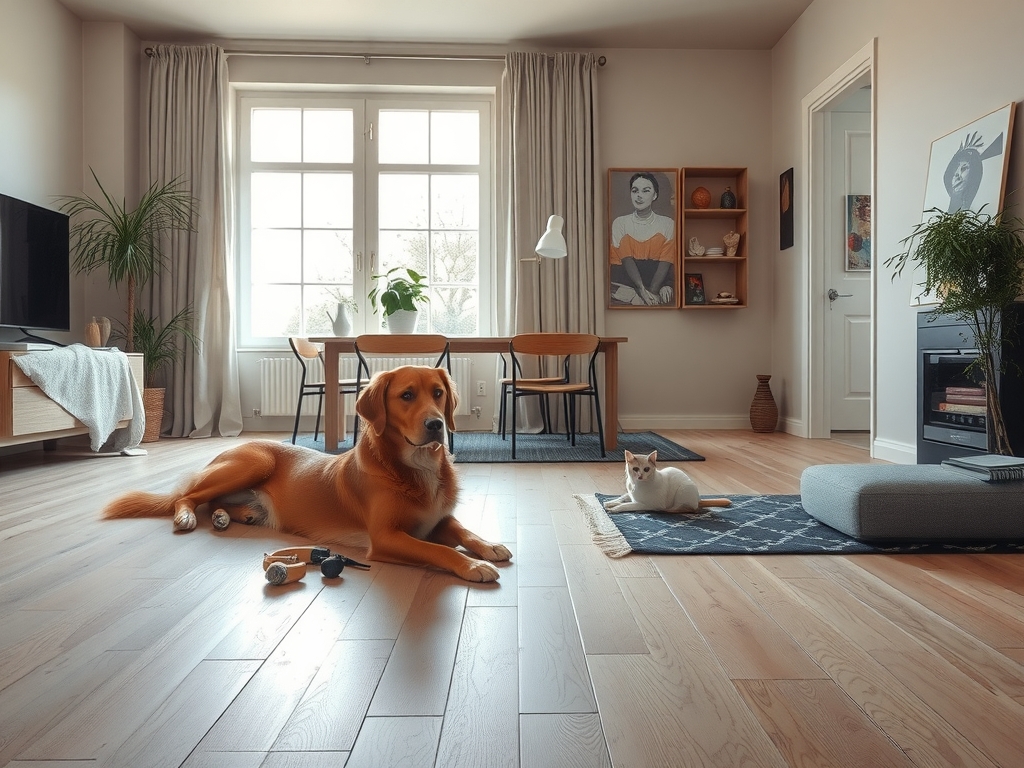 Realistische illustratie van een moderne woonkamer met lichte eiken laminaatvloer, waar een hond en kat ontspannen op de vloer liggen, omringd door daglicht en neutrale kleurtonen.