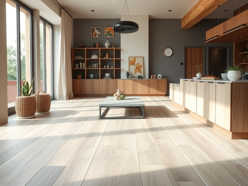 Moderne woonkamer met een nieuwe laminaatvloer in lichte eikenkleur en veel daglicht, waarin een vakman de vloer inspecteert.