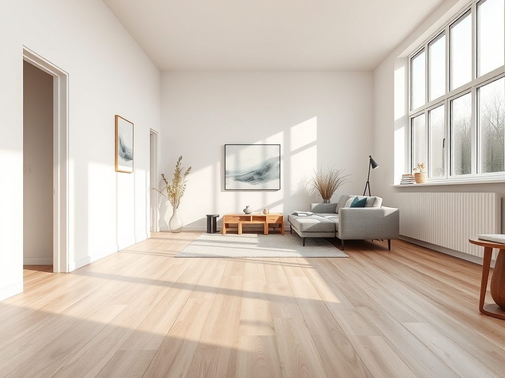 Moderne Nederlandse woonkamer met licht eiken laminaatvloer en strakke afwerking.