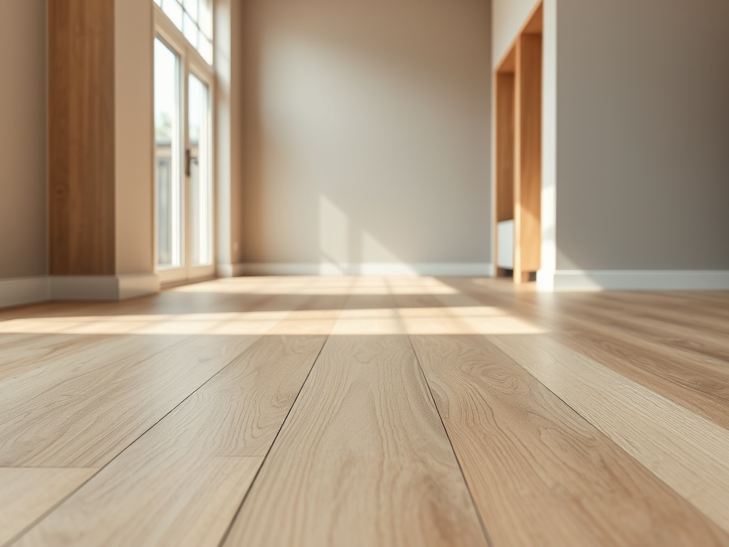 Close-up van laminaatvloer met nette plinten en natuurlijk licht in moderne woning.