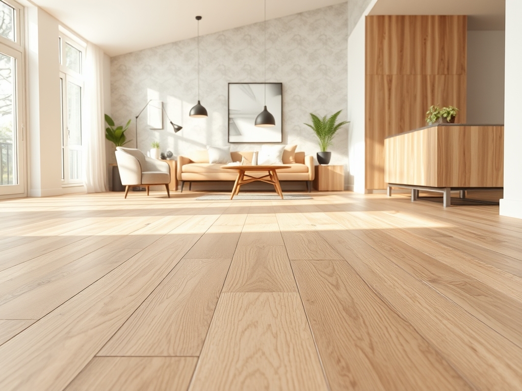 Close-up van nette naturel houten laminaatvloer met strakke afwerking en warm licht.