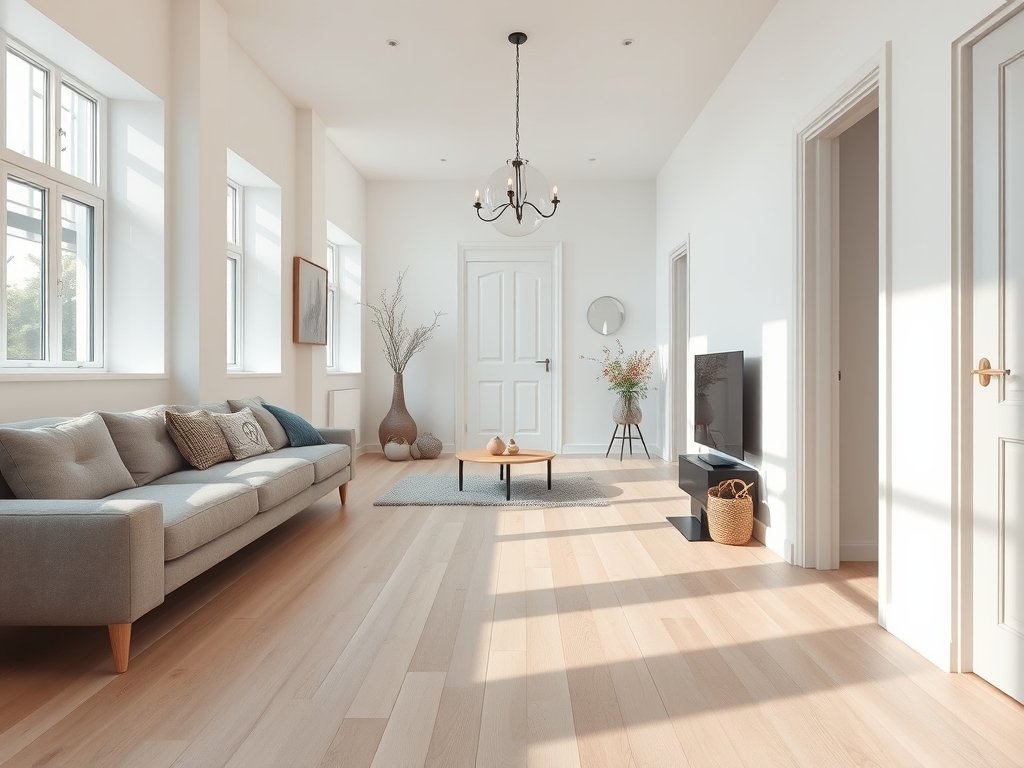 Moderne woonkamer met laminaatvloer in lengte gelegd, veel daglicht en strakke afwerking.