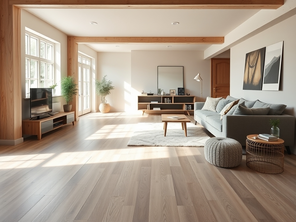 Laminaatvloer deels omhoog gelegd met zichtbare schimmel en vocht in moderne lichte woonkamer.