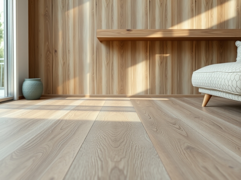 Close-up van licht eiken laminaat met kittenafwerking en zichtbare plinten in moderne woning.
