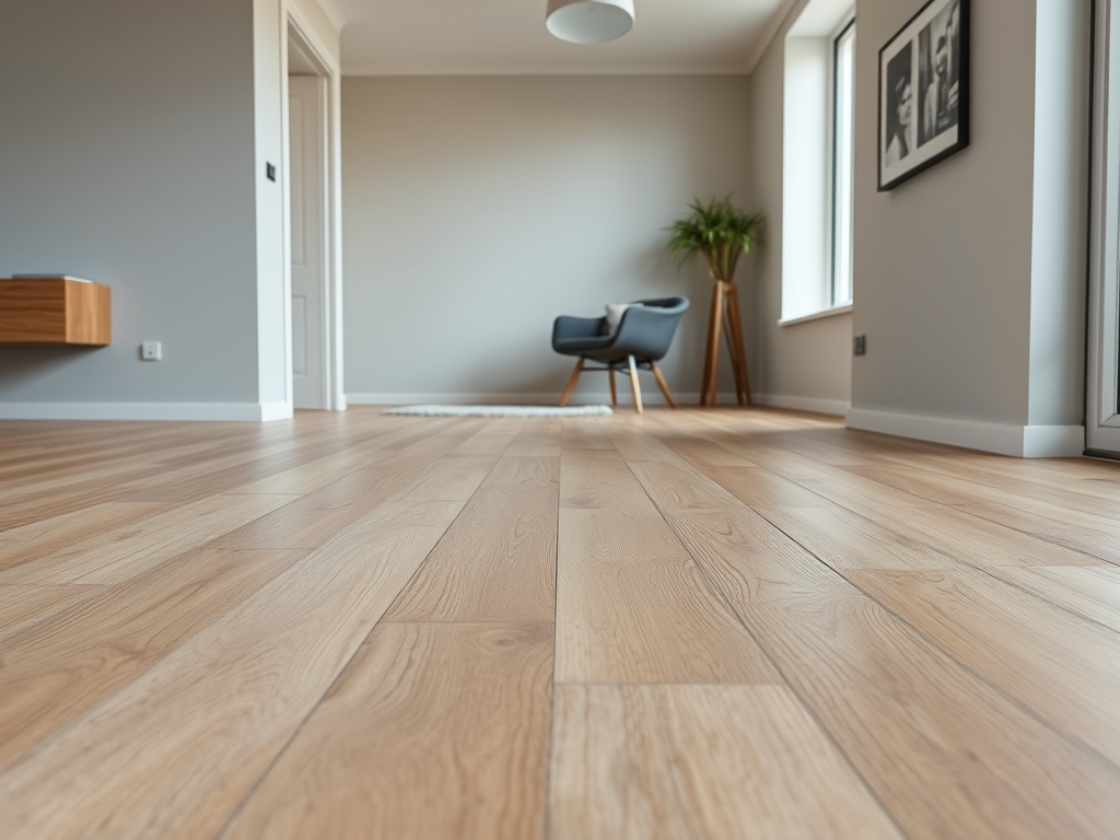 Close-up van licht eiken laminaatvloer met strakke afwerking en natuurlijk daglicht.