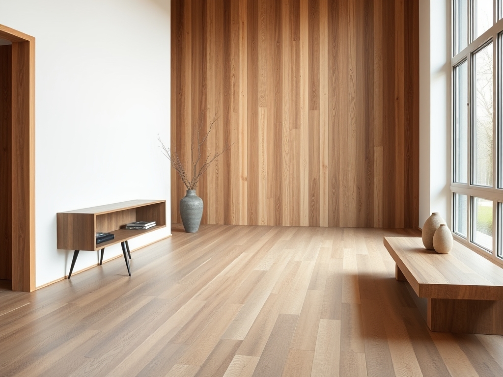 Close-up van naturel houten laminaat plinten bij een warm grijze vloer in een lichte woning.