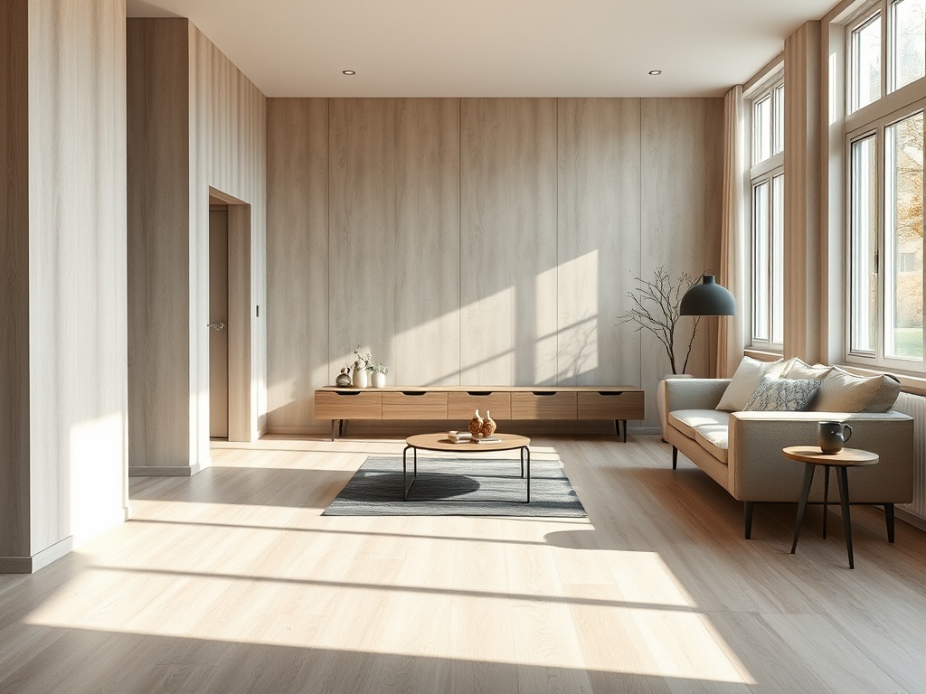 Moderne woonkamer met licht eiken laminaatvloer over tegels en strakke plinten.