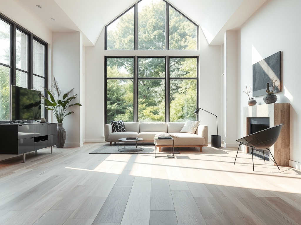 Moderne woonkamer met licht eiken laminaatvloer en nette zandkleurige plinten onder veel daglicht.