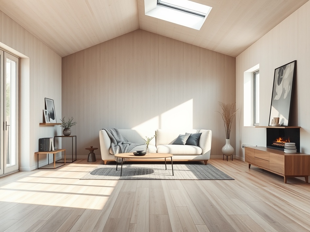 Moderne woonkamer met licht eiken laminaatvloer zonder plinten in neutrale kleuren.