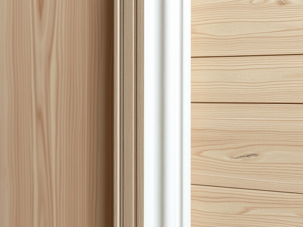 Strak afgewerkte muur met laminaat van naturel houtkleur en zichtbare plinten.