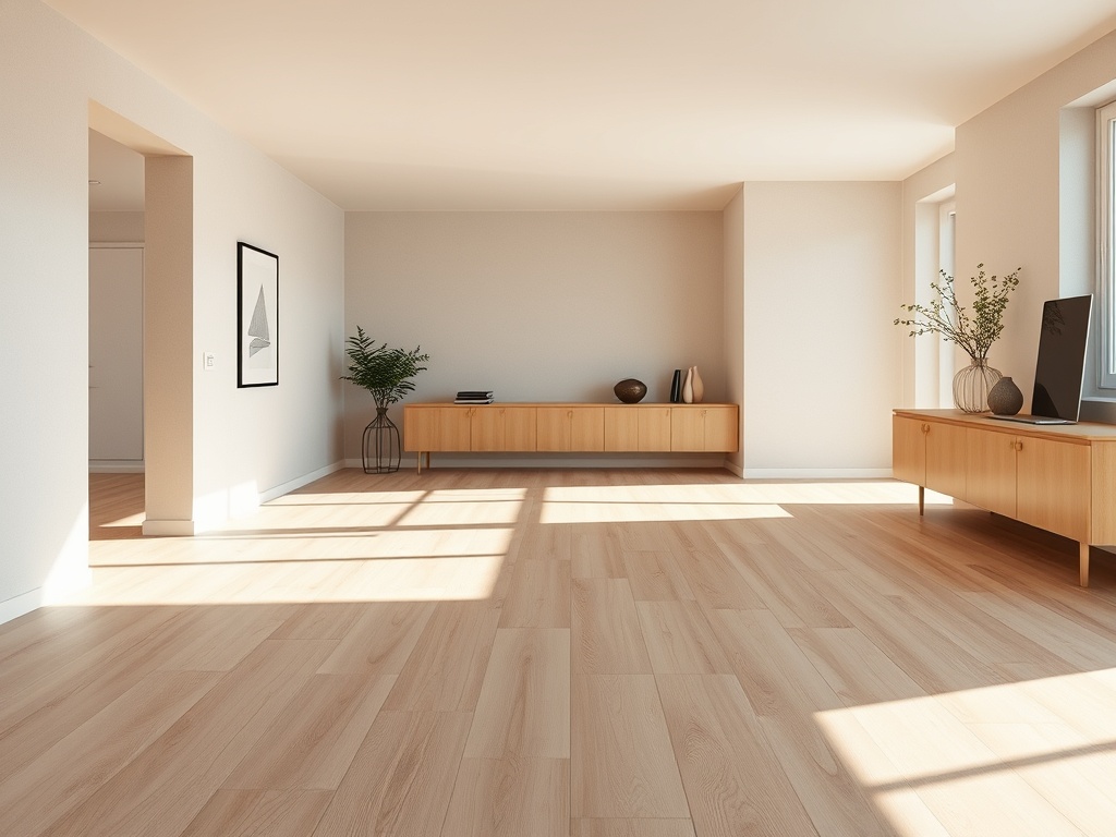 Moderne woonkamer met licht eiken laminaatvloer en strakke plinten.