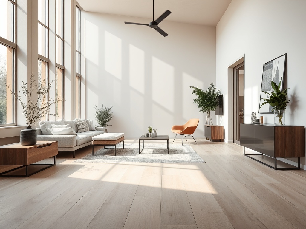 Moderne woonkamer met licht eiken laminaatvloer met zichtbare bobbels door vocht en veel natuurlijk daglicht.
