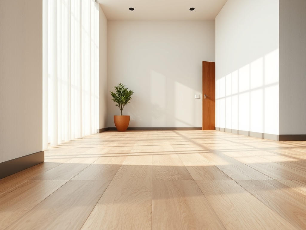 Close-up van licht eiken laminaatvloer met zichtbare vochtplekken en schimmelvlekken onder vloerplanken in modern interieur.