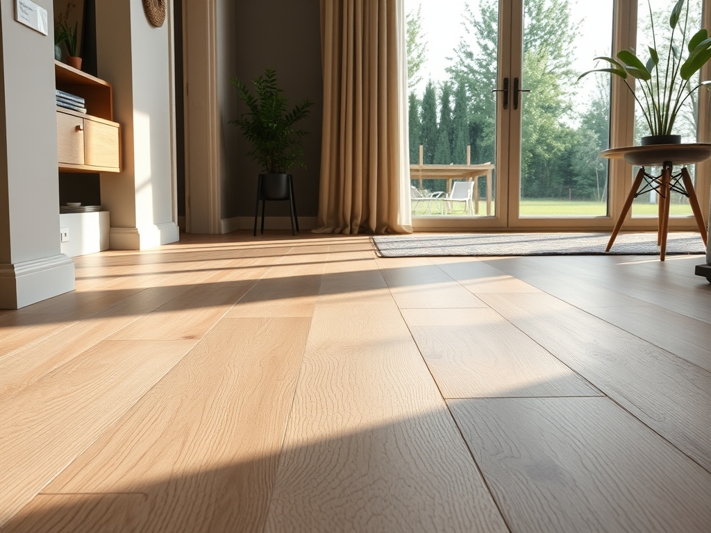 Close-up van naturel houten laminaatvloer gelegd over tegelvloer met strakke afwerking.