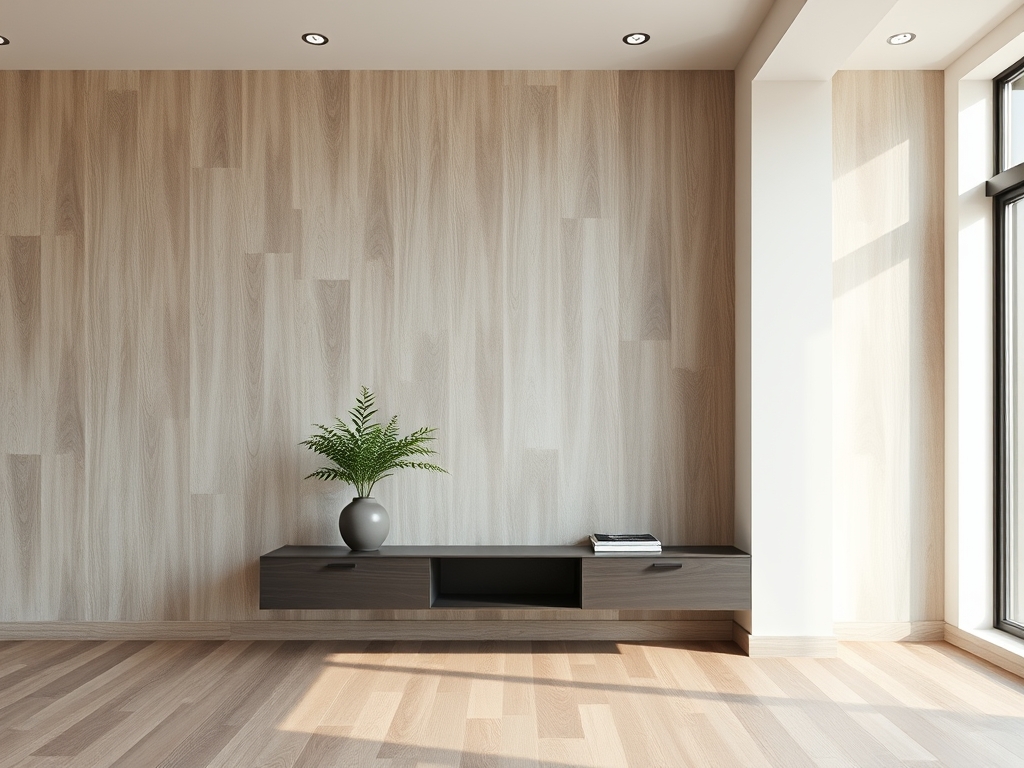 Moderne woonkamer met licht eiken laminaat op de muur en veel natuurlijk licht.