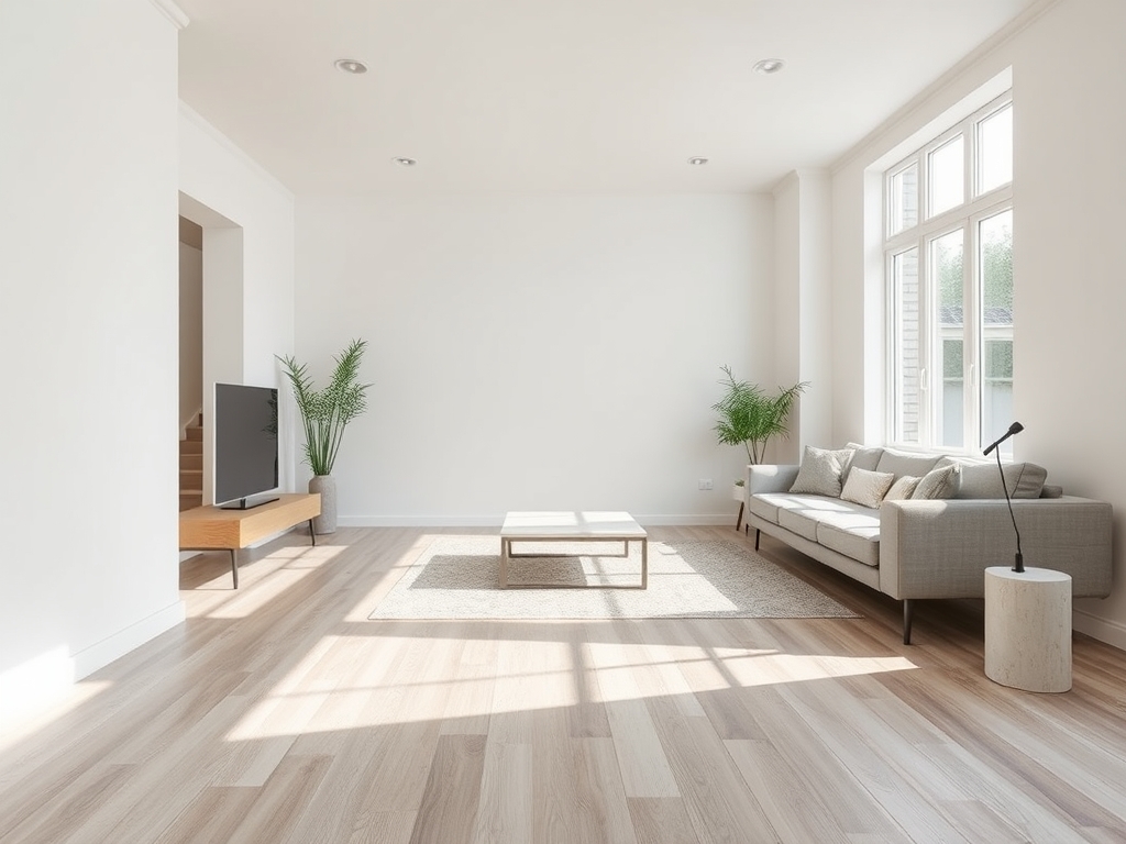 Moderne woonkamer met licht eiken laminaatvloer en nette plinten in rustige neutrale kleuren.